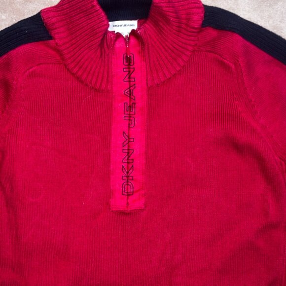 Vintage DKNY Jeans Women XL Red Black 1/4 Zip Knit Pullover Sweater Y2K‎ (P) - Picture 4 of 8